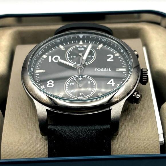 Fossil Bennett BQM7089 Mens 45mm Black Dial Black Leather Multifunction Quartz - Picture 10 of 17